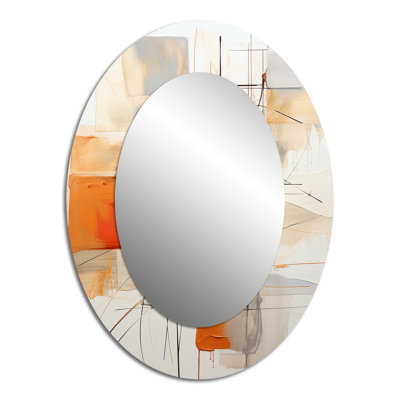 Orange Grey Line Art Abstract Expressionism - Orange Modern Oval Wall Mirror