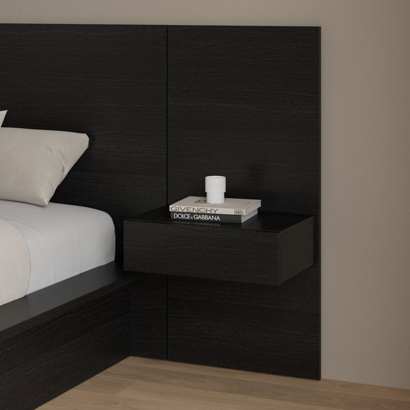 James 3 Piece Bedroom Set with Bed and 2 Floating Nightstands, Black, King