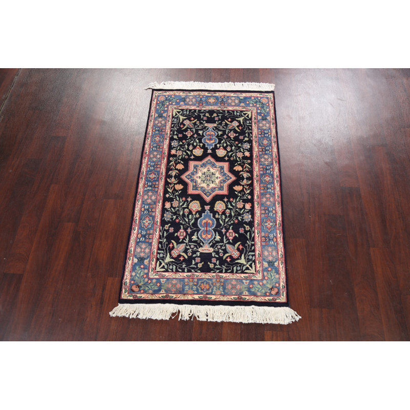 Tapis bleu marine en laine noué à la main de conception unique 3 pi 1 po x 5 pi 3 po