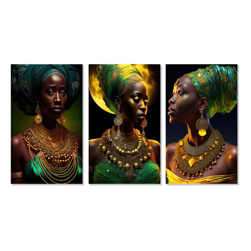 «Emerald Queen African Woman Under Moon», 3 pièces sur toile, Toile tendue, H 32 po x l 48 po