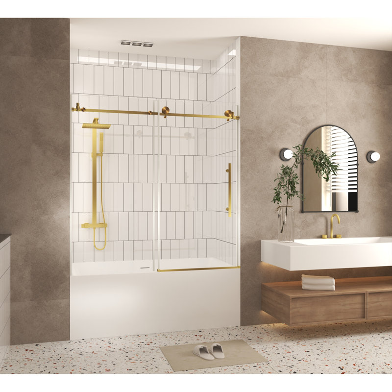 Porte de douche sans cadre l 60 po x H 60 po avec verre trempé transparent et poignée en acier inoxydable