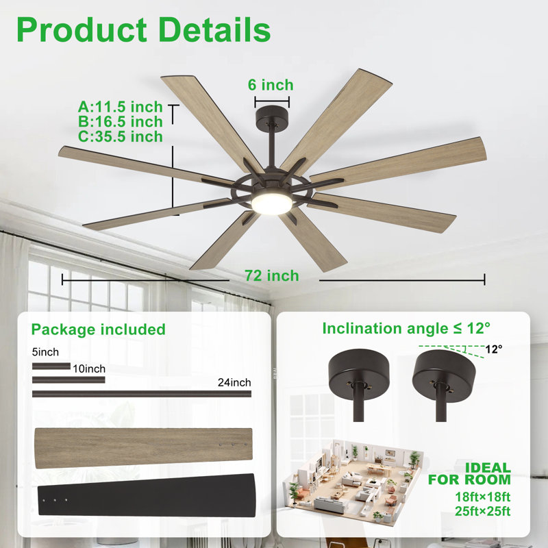 72 Inch Large Ceiling Fan with Light, Modern 8-Blade Black and Wood Indoor Outdoor Fans with Remote App Control Dimmable Light, Quiet DC Motor Reversible 6 Speed Timer