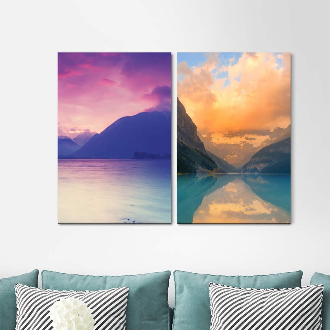 2-tlg. Leinwandbilder-Set - Grafikdruck „Mountains Alps Lake Clouds Nature Silence Meditation”