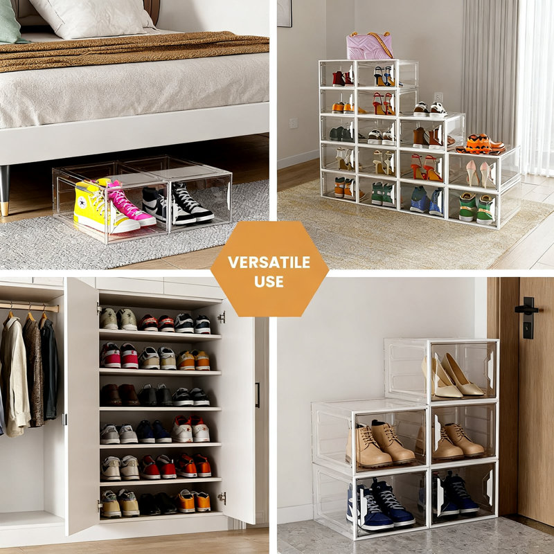 Shoe Storage Box With Magnetic Door, Stackable And Foldable, 6 Pack (White)