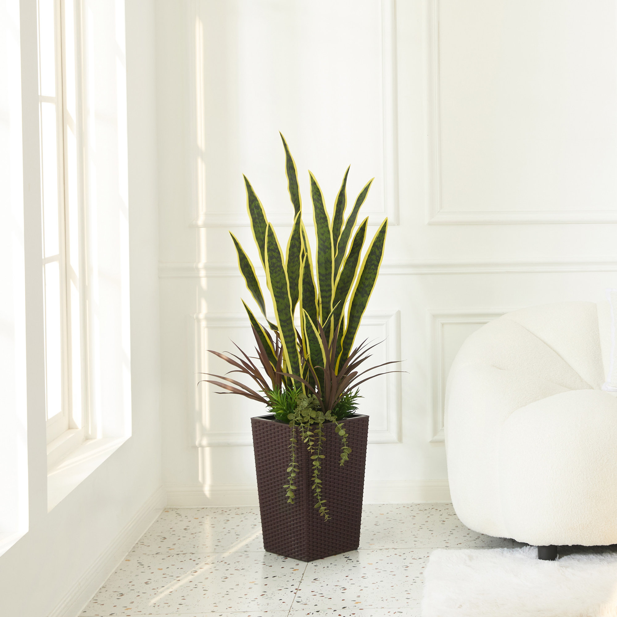 Artificial Snake Plant 4FT - UV Resistant Faux Plant with Tapered Planter and Decorative Plants, Brown