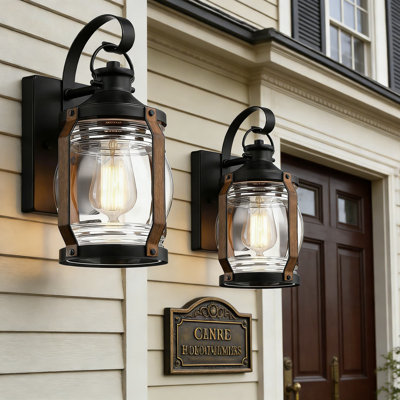 Outdoor Wall Lantern Lights, Black Exterior Wall Sconce With Barnwood Accents & Clear Glass, Waterproof Farmhouse Porch Light Fixtures For Garage, Door, Patio, 2-Pack