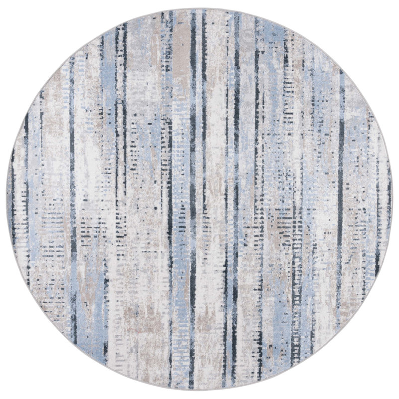Tapis abstrait en polyester tissé à plat à la main en bleu / or, Rond 6 pi 7 po