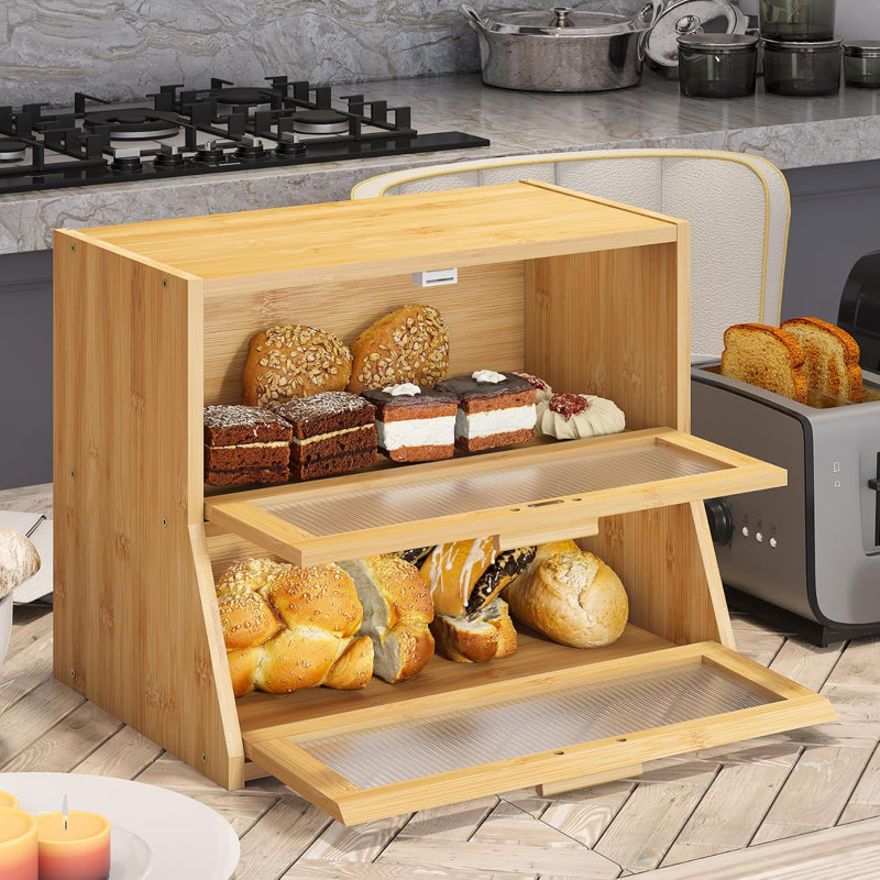 Large Natural Bamboo Double Layer Bread Box with Acrylic Doors