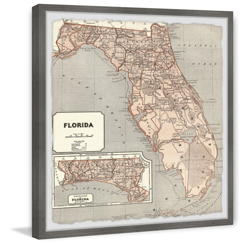 1845 Atlas Map of Florida - Reproduction d'art graphique sur papier encadré, H 12 po x l 12 po x P 1,5 po
