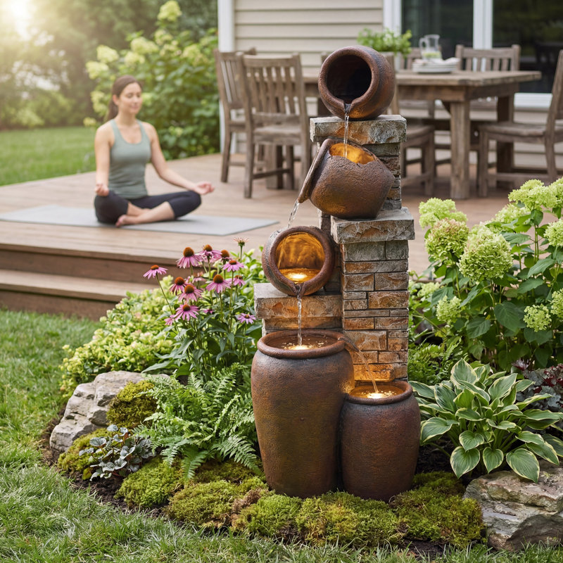 Stone and Clay Look Cascading Outdoor Fountain with LED Light – Rustic 4-Tier Pot Water Feature for Garden & Patio
