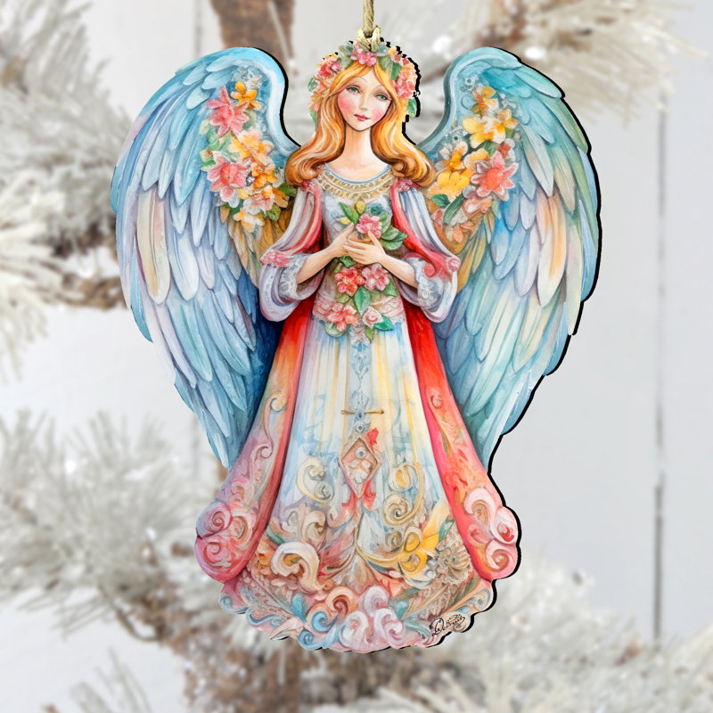 Ornement en bois bleu ange floral