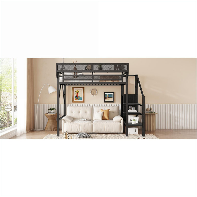 Pour les enfants et les adolescents, petite chambre à coucher, structure de lit mezzanine simple, métal noir classique moderne avec rangement intégré et garde-robe