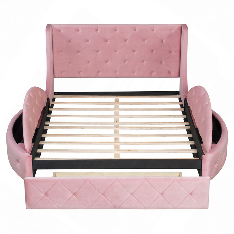 Grand lit de rangement rembourré avec tête de lit à oreilles et velours de qualité, tête de lit, 1 grand tiroir et 2 côtés (rose)