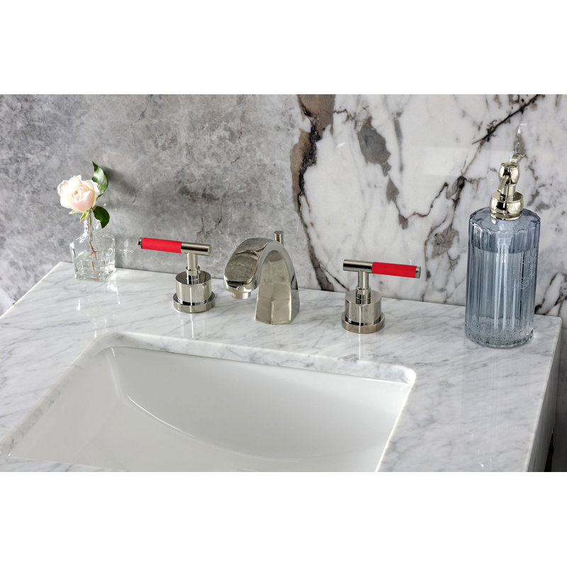 Kingston Brass Kaiser Two-Handle 3-Hole Deck Mount Widespread Bathroom Faucet with Brass Pop-Up Drain, Polished Nickel