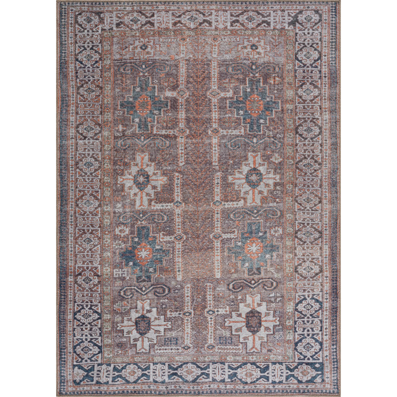 Washable Non-Slip Traditional Area Rug - Brown / Blue / Orange Rug for Entryway, Hallway, Bathroom, and Kitchen - Fairlin