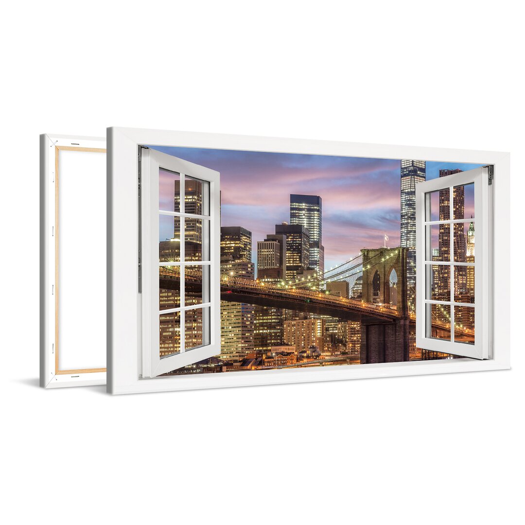 Leinwandbild New York Manhattan Brooklyn Bridge Fenster 100X75cm – Premium Leinwanddruck – Kunstdruck Auf 2Cm Holz-Keilr...