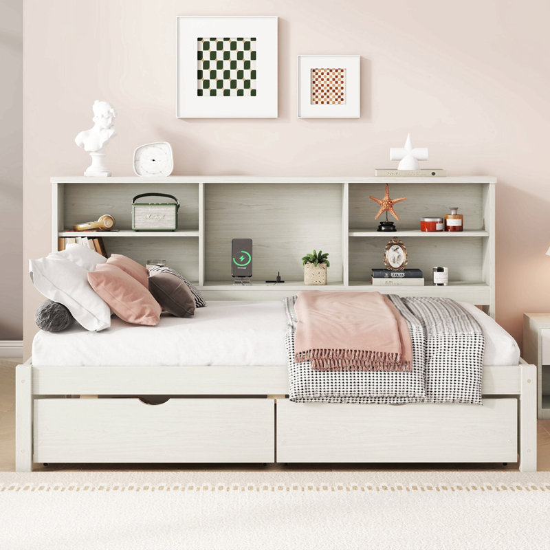 Structure de lit simple avec tablettes latérales, deux tiroirs et port USB intégré, Blanc crémeux