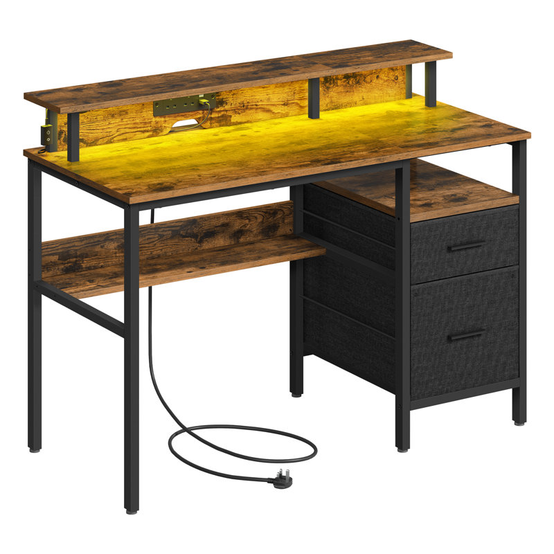 Daimar Metal Base Computer Desk with Power Outlet, Rustic Brown, 90cm H x 120cm W x 55cm D