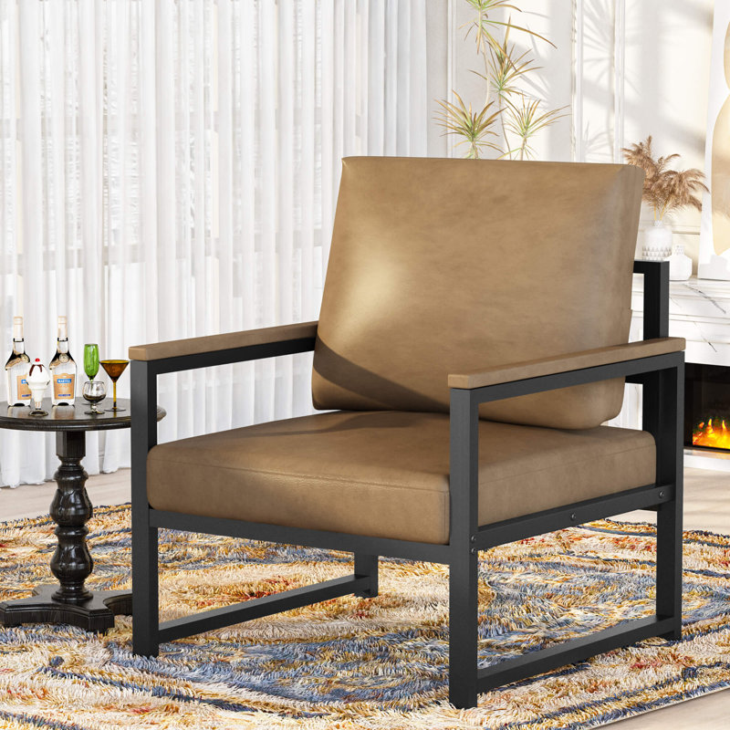 25" Wide Mid Century Faux Leather Tufted Back Accent Chair with Metal Farme, Light Brown