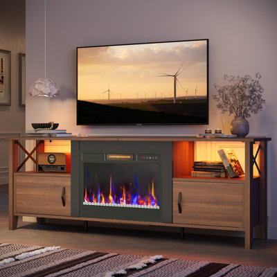 Meuble télé Brahma de 63 po pour téléviseur de 70 à 70 po avec radiateur électrique à télécommande 23 po, éclairage DEL, minuterie, protection contre la surchauffe