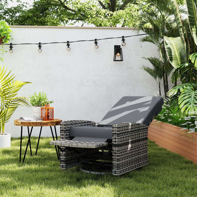 Fauteuil inclinable pivotant pour l'extérieur en osier, dossier inclinable, repose-pieds relevable, coussins de base rotatifs à 360 ° et résistants à l'eau pour patio, gris