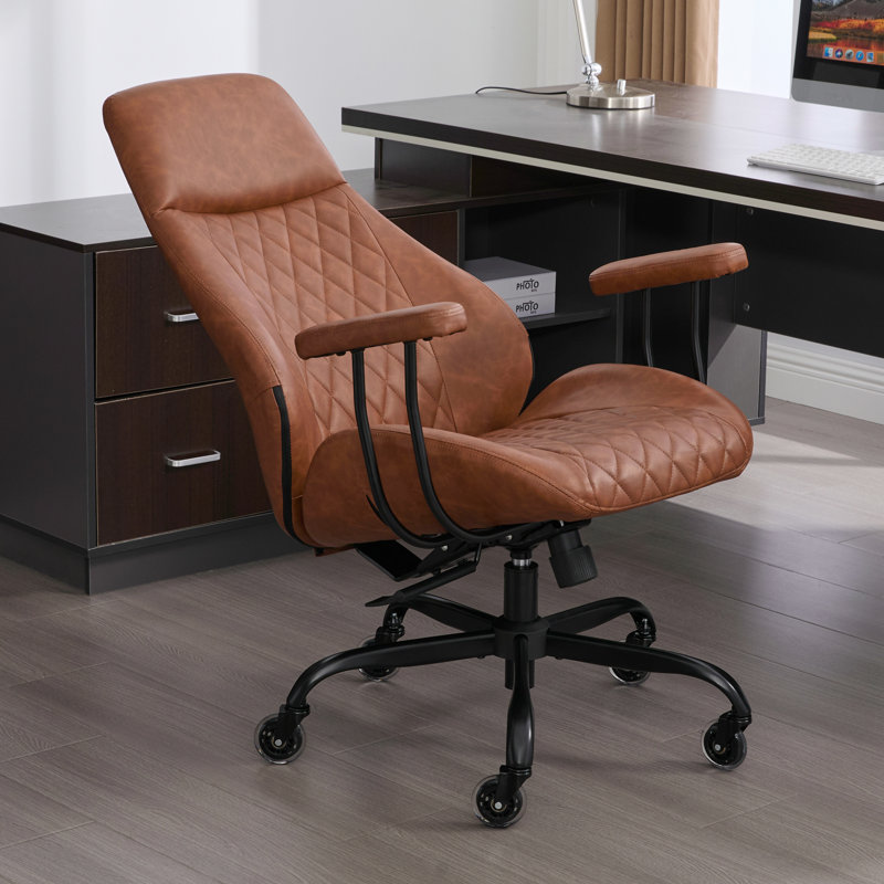 Diamond Quilted PU Leather Office Chair with Premium Durable Construction, Slient Wheels, Easy Assembly, Brown, Brown