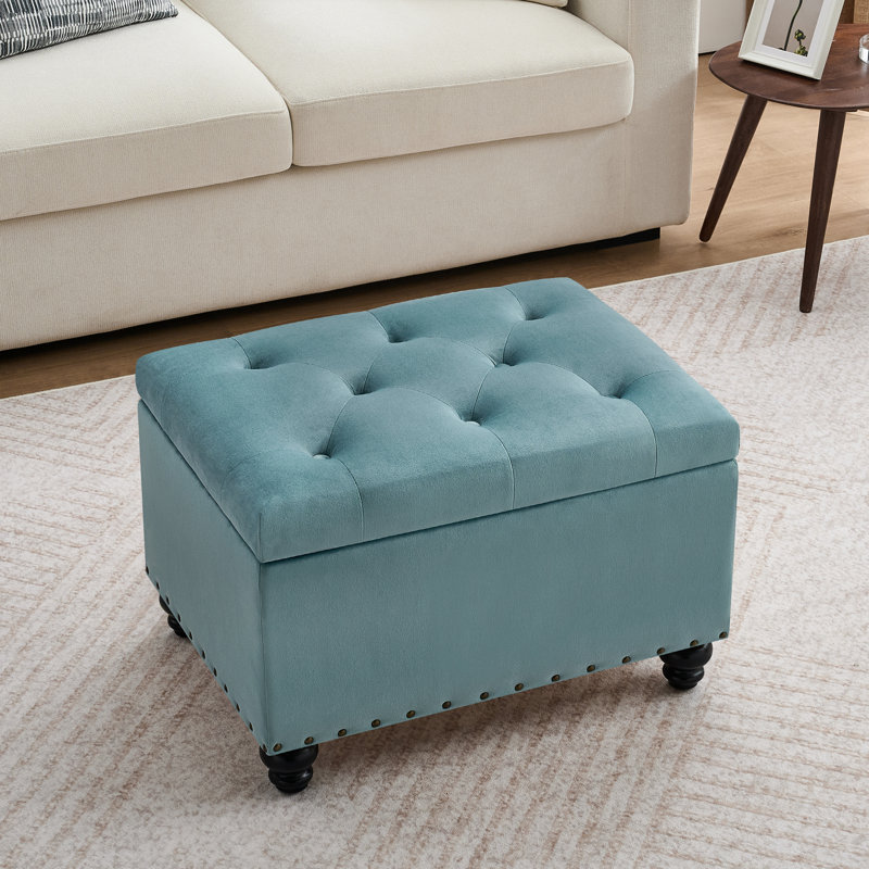 Repose-pieds rectangulaire avec rangement Dhiren, Velours bleu menthe