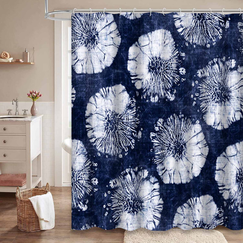 Abstract Floral Dot Motif White Navy Shower Curtain with 12 Hooks, 72" L x 78" W