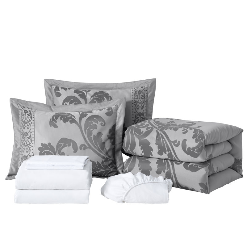 Valor 7-Piece Bed in a Bag Jacquard Floral Comforter Set with Sheets, King Comforter + 6 Additional Pieces, Silver/Gray