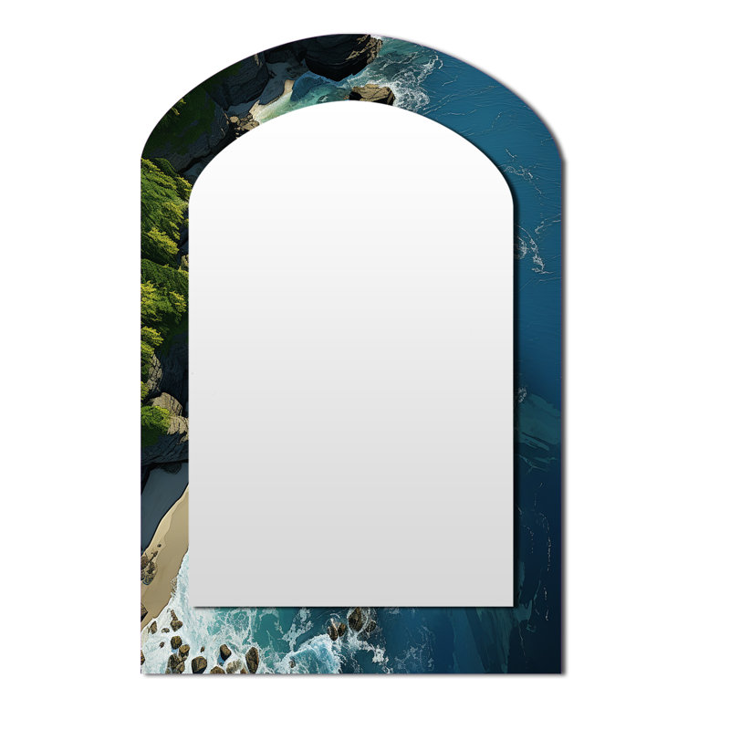 Aerial View on Tropical island II - Beach Arch Decorative Wall Mirror, Green Asymmetrical Large Mirror, Printed Metal Art