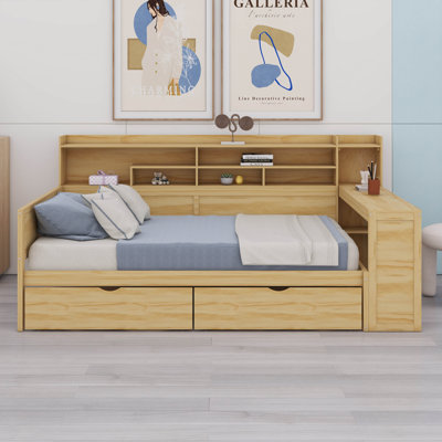 Corner Full Bed Frame With Bookcase Storage And Desk,Wood Day Beds With 2 Drawers, Captains Bed Frame With Bookcase And Headboard