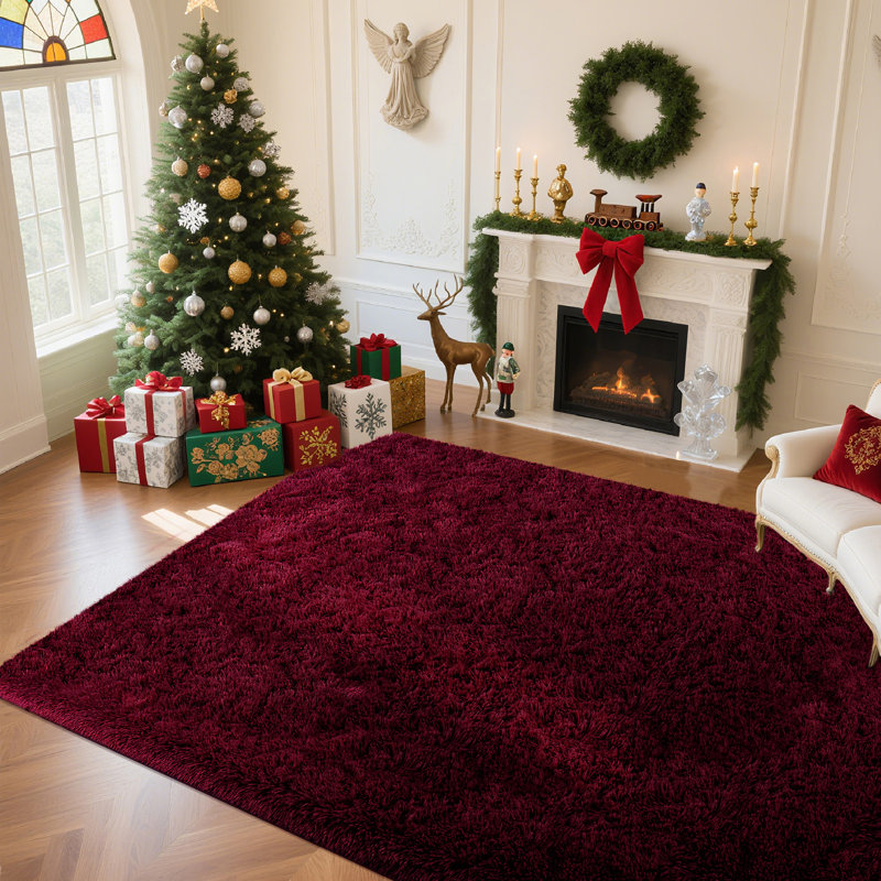 8x10 Rug with 4 Stickers for Living Room, Burgundy Performance Rug for Bedroom, Upgrade Non Slip Livingroom Carpet, Ideal For High Traffic Areas Indoor, Gift For Halloween, Christmas, Thanksgiving, Graduation Season