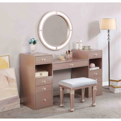1Pc Vanity W/ Padded Stool Set 3Mm Mirror Storage Drawers Led On Mirror Tiffany Blush Finish Bedroom Furniture