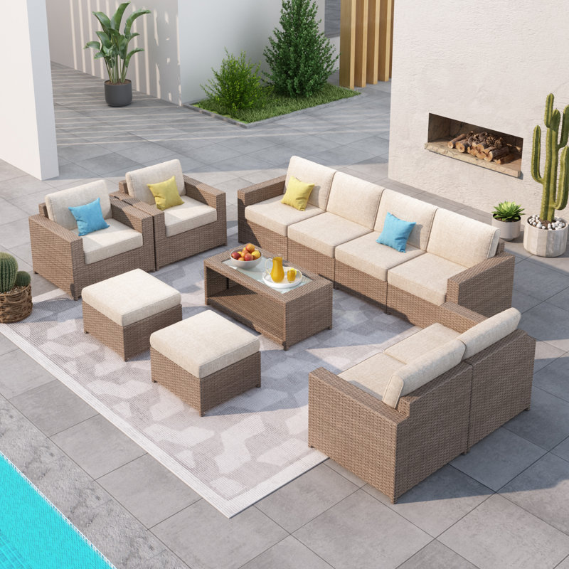 Ensemble de conversation de terrasse en osier pour 10 personnes avec coussins Amberson