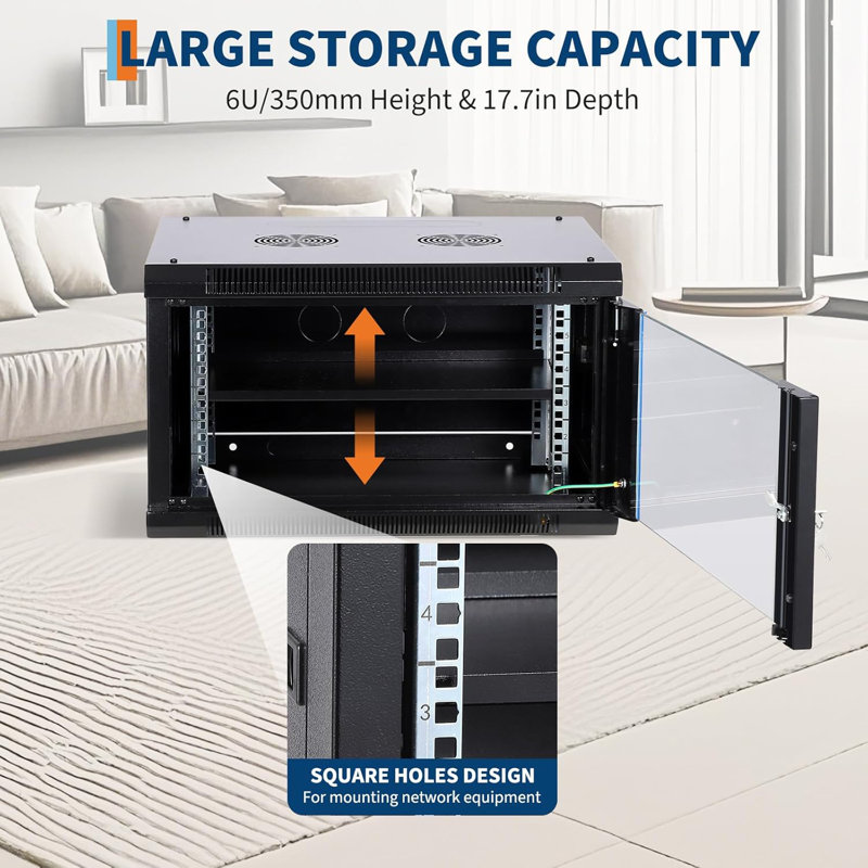 Wall Mount Network Cabinet - Server Rack Enclosure with Locking Glass Door & Removable Side Panels, IT/AV Equipment Rack for Secure Data and Audio-Visual Installations