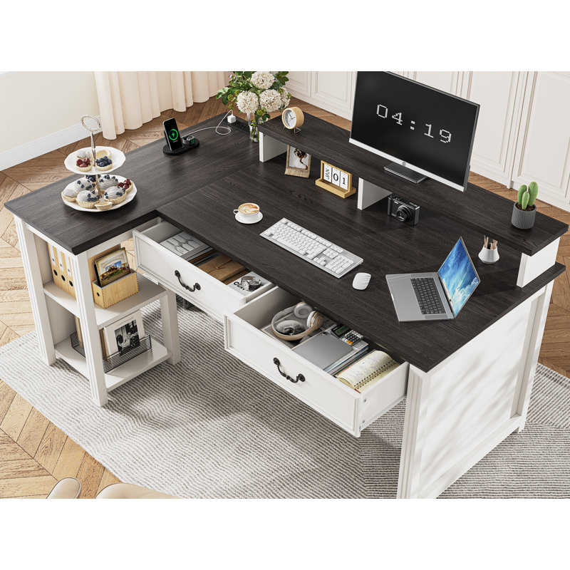 55" L Shaped Farmhouse Computer Desk With Power Outlets & LED Light & 2 Drawers, Home Office Gaming Writing Desk With Monitor Stand & Cabinet
