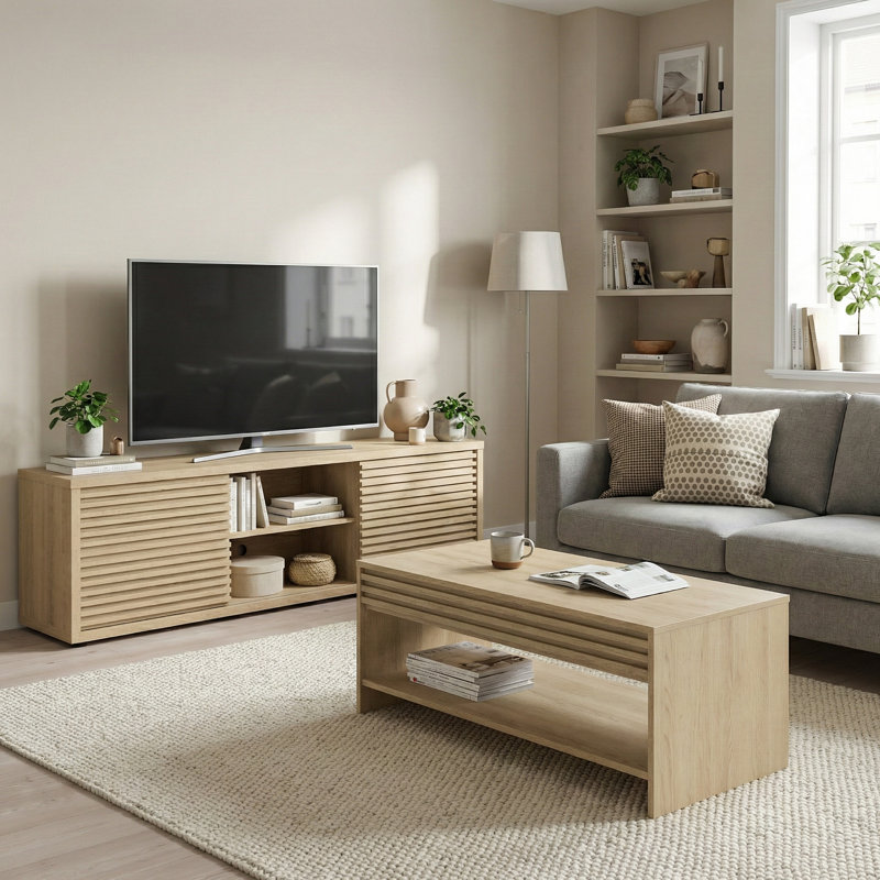 Ensemble de meuble télé et table basse 2 pièces Irwin, Chêne