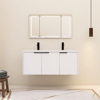 48 Inch Wall Mounted Bathroom Vanity with Resin Double Sink & 3 Soft-Close Doors