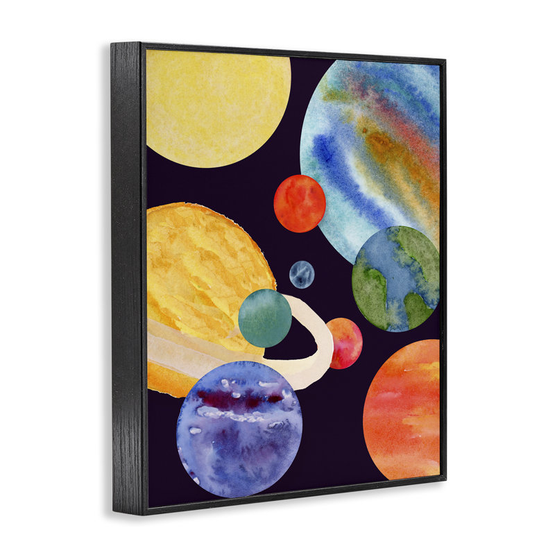 Giclée encadrée de planètes dans l'espace, design par Corinne Rose Designs, H 14 po x l 11 po, Giclée encadrée noir minuit