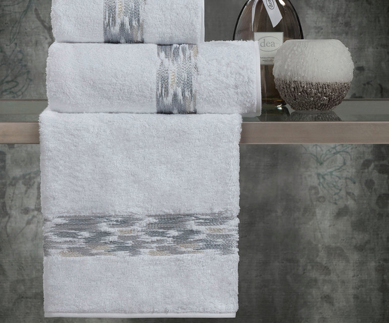Affresco Embroidery on Bounded Terry, Bath Towel, White / Silver
