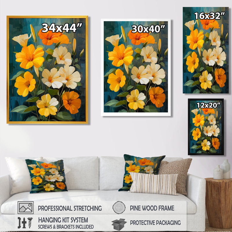Jaune, blanc, jardin vibrant, Morning Glory - Morning Glory, art mural, H 24 po x l 32 po, Toile tendue