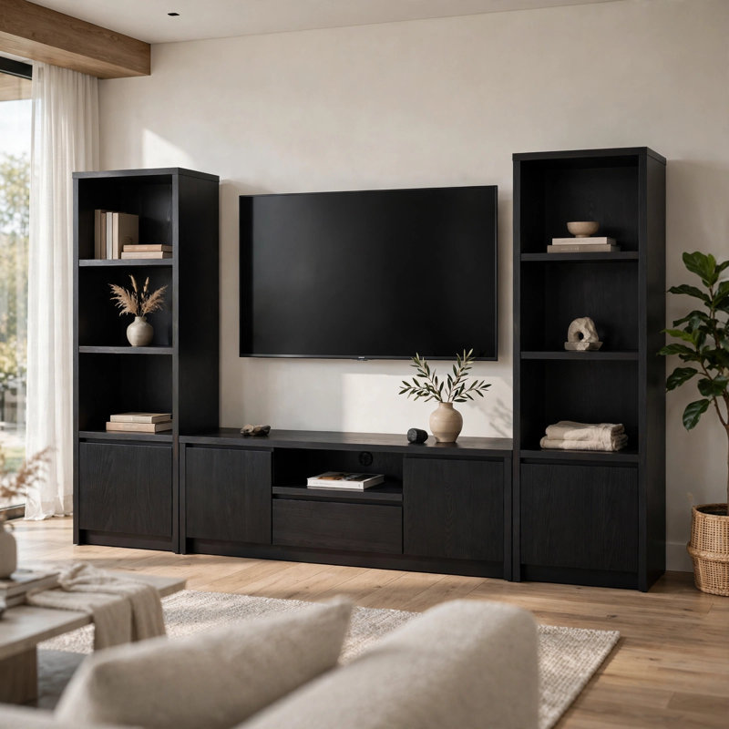 Meuble télé Winie 3 pièces noir, console télé de 60 pouces avec 2 tours de rangement