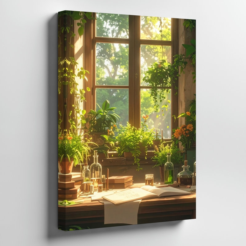 Un espace de travail intérieur douillet rempli de verdure vibrante baignée de lumière naturelle et chaleureuse sur toile, de qualité supérieure, prête à être accrochée