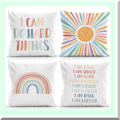 ZenVibe Affirmations Pillow Covers - Set of 4, Inspirational Sayings Decorative Pillowcases for Kids Reading Corner, Boho Classroom