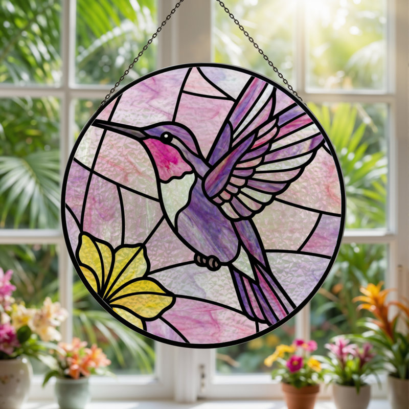 Panneau de vitrail 12 "Hummingbird Flower, H 12 po x l 12 po