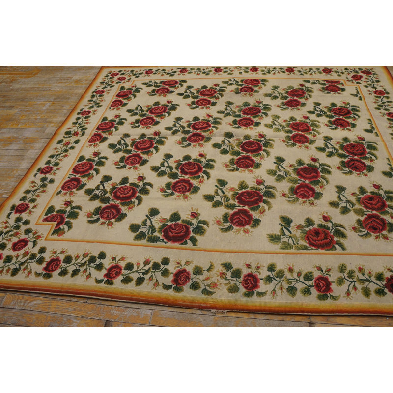 1890 Ivory Red Rose Vines Antique English Needlepoint Carpet 6'10"x7'6" Wool Rug