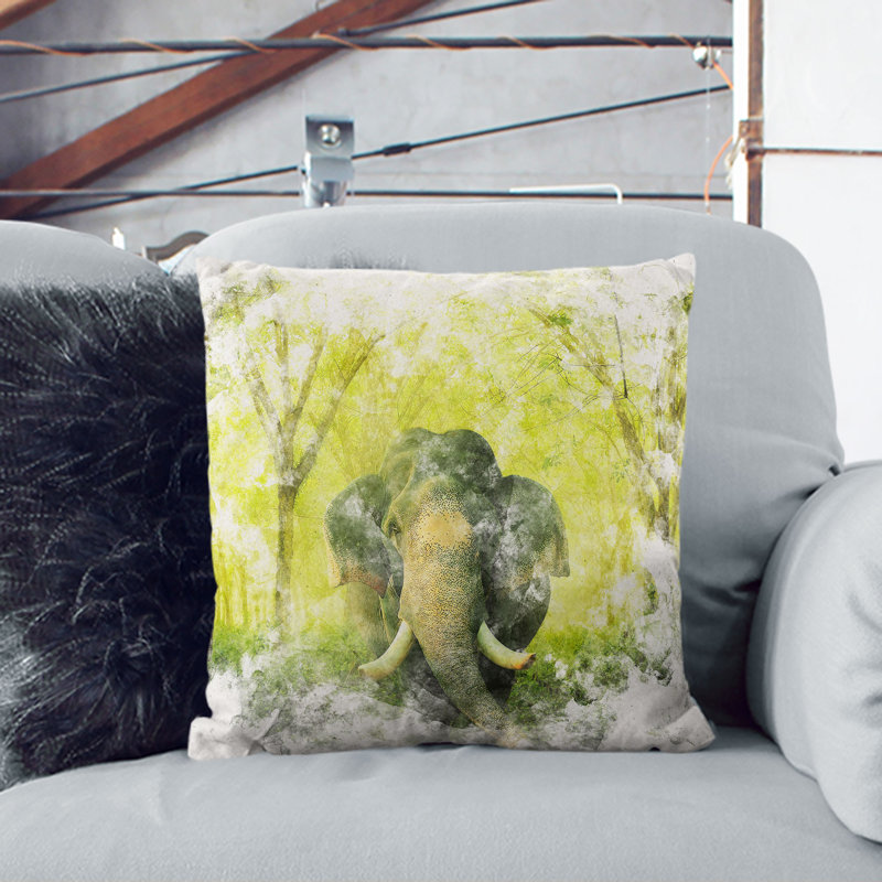 Marvellous Elephant in a Forest Watercolour Cushion with Filling, Black, 40cm H x 40cm W x 15cm D