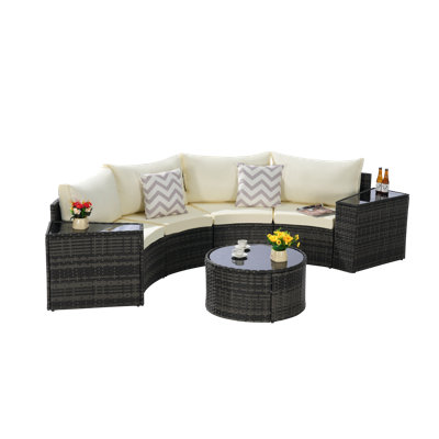 Aurex  4-Person Modern Coastal Outdoor Half-Moon  Wicker Sectional Sofa Set with Tempered Glass Round Coffee Table and Cushions