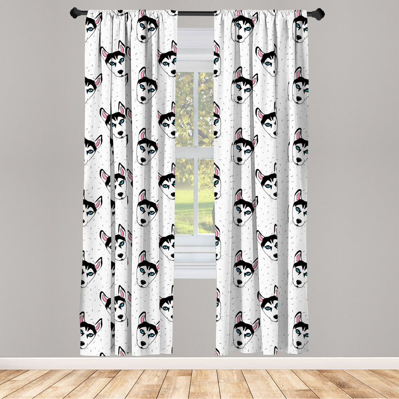 Rideaux à 4 panneaux East Urban Home Husky, répétant un motif de chien, noir, bleu et rose, L 28 po x L 63 po
