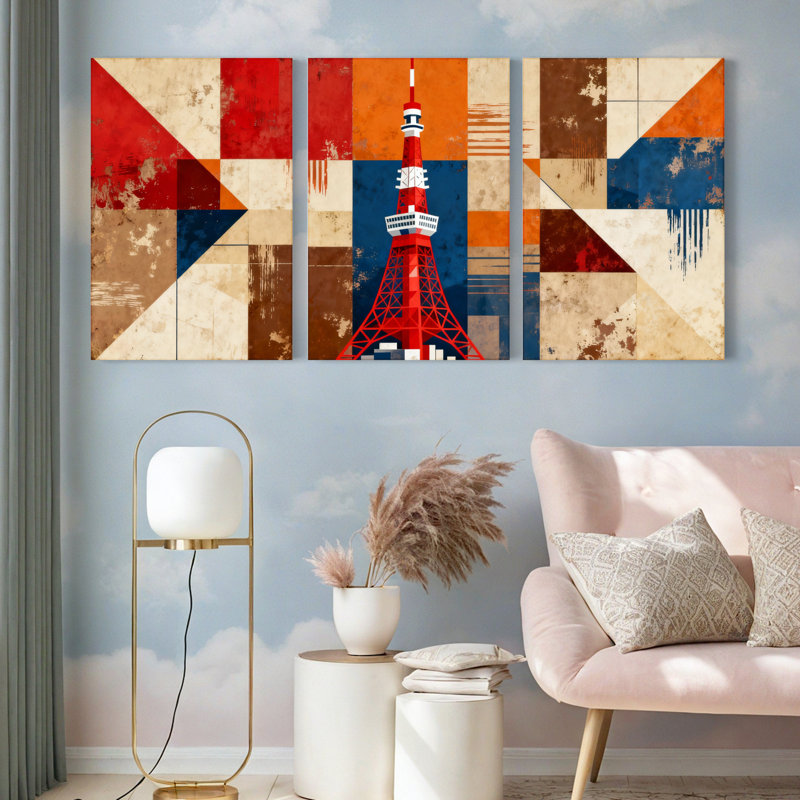 Tableau abstrait géométrique sur toile tendue représentant la tour de Tokyo (lot de 3), H 18 po x l 36 po